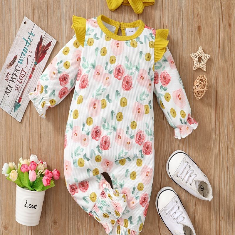 Bebis Flickor Långärmade Blommönster Jumpsuit + Pannband Set Romper Bebiskläder