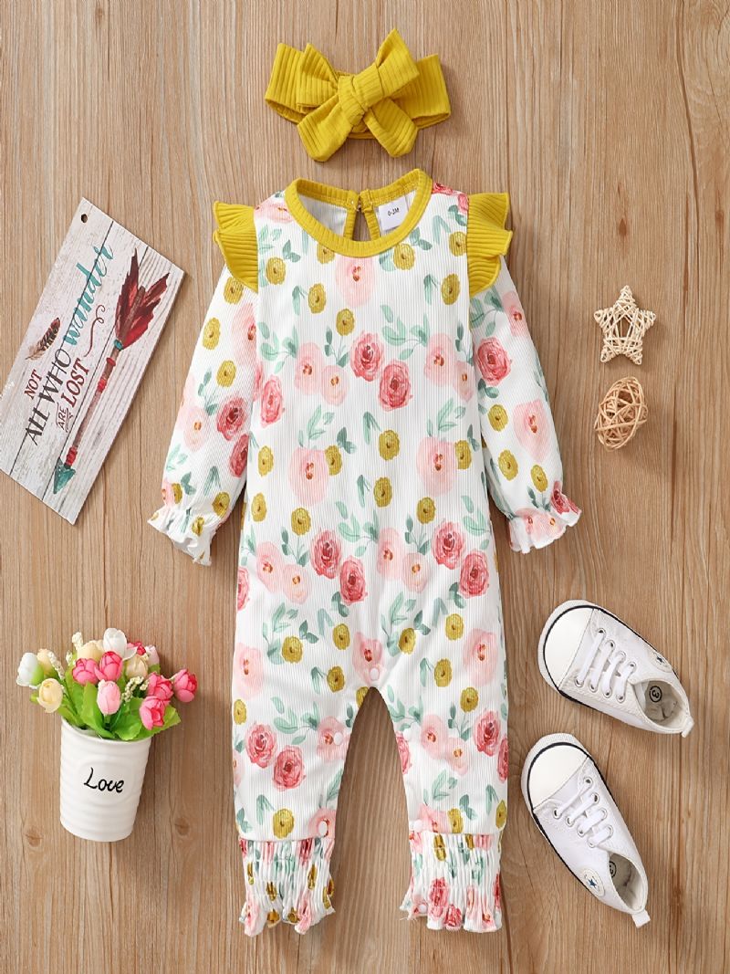 Bebis Flickor Långärmade Blommönster Jumpsuit + Pannband Set Romper Bebiskläder