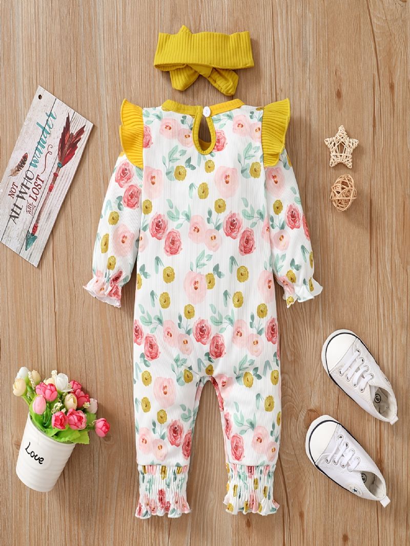 Bebis Flickor Långärmade Blommönster Jumpsuit + Pannband Set Romper Bebiskläder