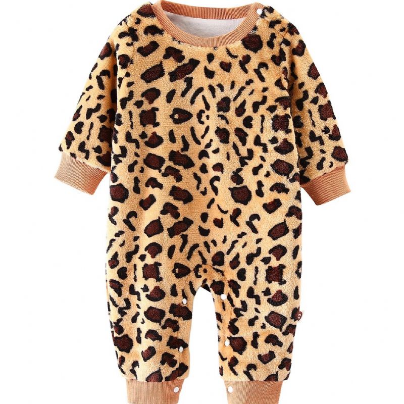 Bebis Flickor Leopard Mönster Jumpsuit Bomull Långärmad Onsie För Vinter Bebiskläder