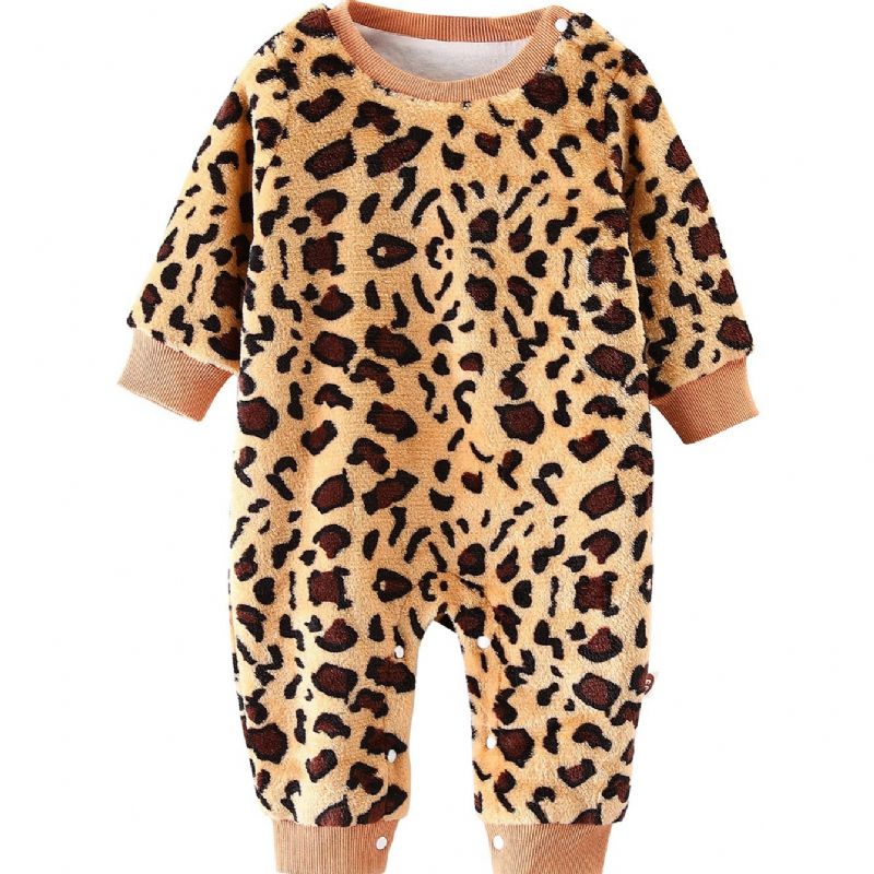 Bebis Flickor Leopard Mönster Jumpsuit Bomull Långärmad Onsie För Vinter Bebiskläder