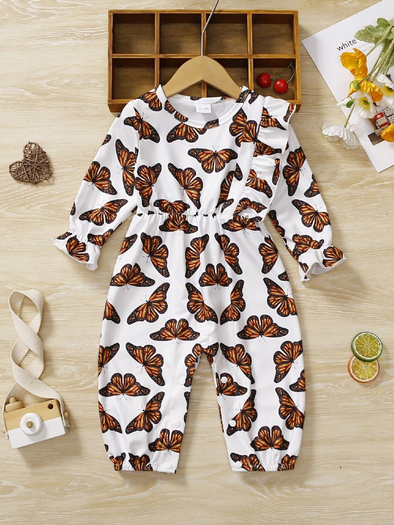 Bebis Flickor Romper Butterfly Print Volanger Långärmad Jumpsuit Barnkläder