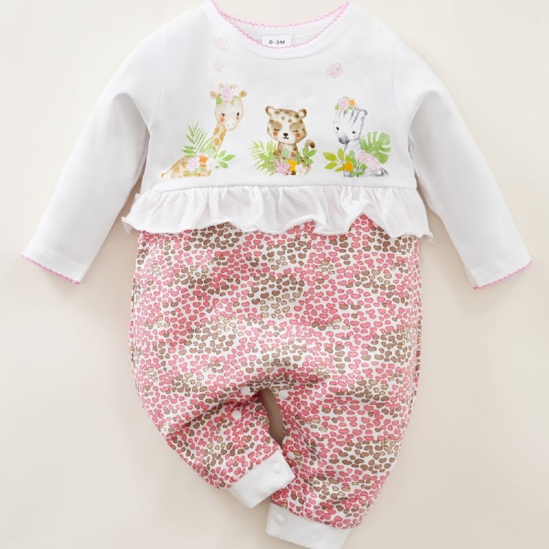 Bebis Flickor Rompers Söt Tecknad Djur Långärmad Blommig Trim Rund Hals Jumpsuit