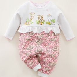 Bebis Flickor Rompers Söt Tecknad Djur Långärmad Blommig Trim Rund Hals Jumpsuit