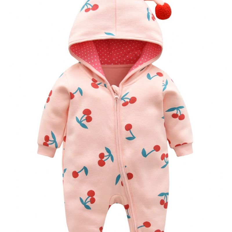 Bebis Flickor Rosa Söt Cherry Cotton Bekväm Hooded Jumpsuit Höst Vinter