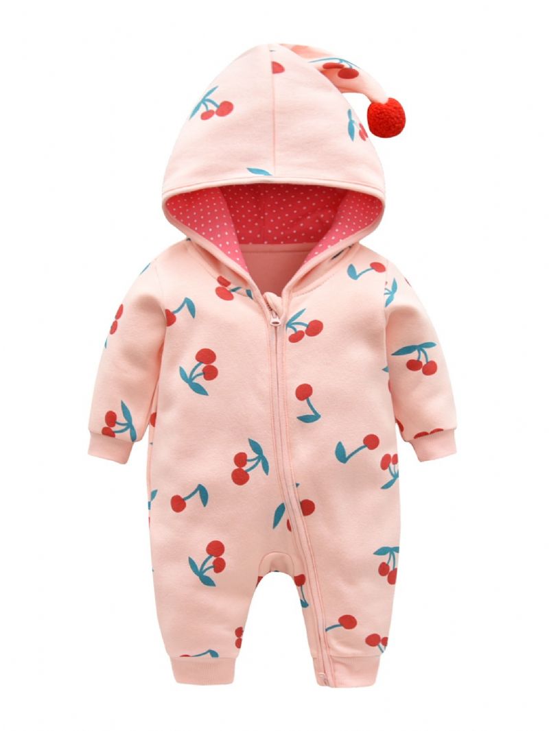 Bebis Flickor Rosa Söt Cherry Cotton Bekväm Hooded Jumpsuit Höst Vinter