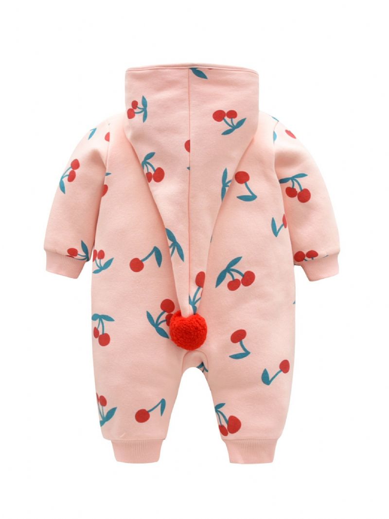 Bebis Flickor Rosa Söt Cherry Cotton Bekväm Hooded Jumpsuit Höst Vinter