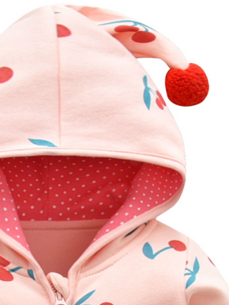 Bebis Flickor Rosa Söt Cherry Cotton Bekväm Hooded Jumpsuit Höst Vinter