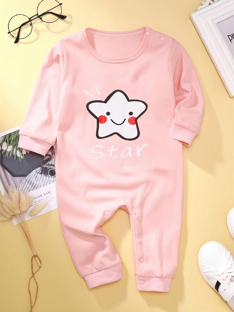 Bebis Flickor Söt Star Print Romper Långärmad Tecknad Jumpsuit För Vinter Rosa