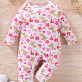 Bebis Flickor Söt Tecknad Blomma Hjort Print Romper Långärmad Crew Neck Casual Jumpsuit