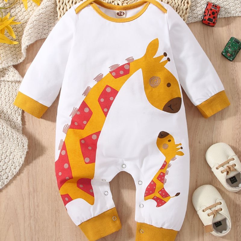 Bebis Flickor Söt Tecknad Giraff Print Romper Långärmad Crew Neck Jumpsuit För Vintern