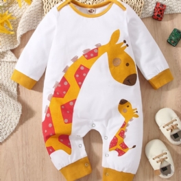 Bebis Flickor Söt Tecknad Giraff Print Romper Långärmad Crew Neck Jumpsuit För Vintern