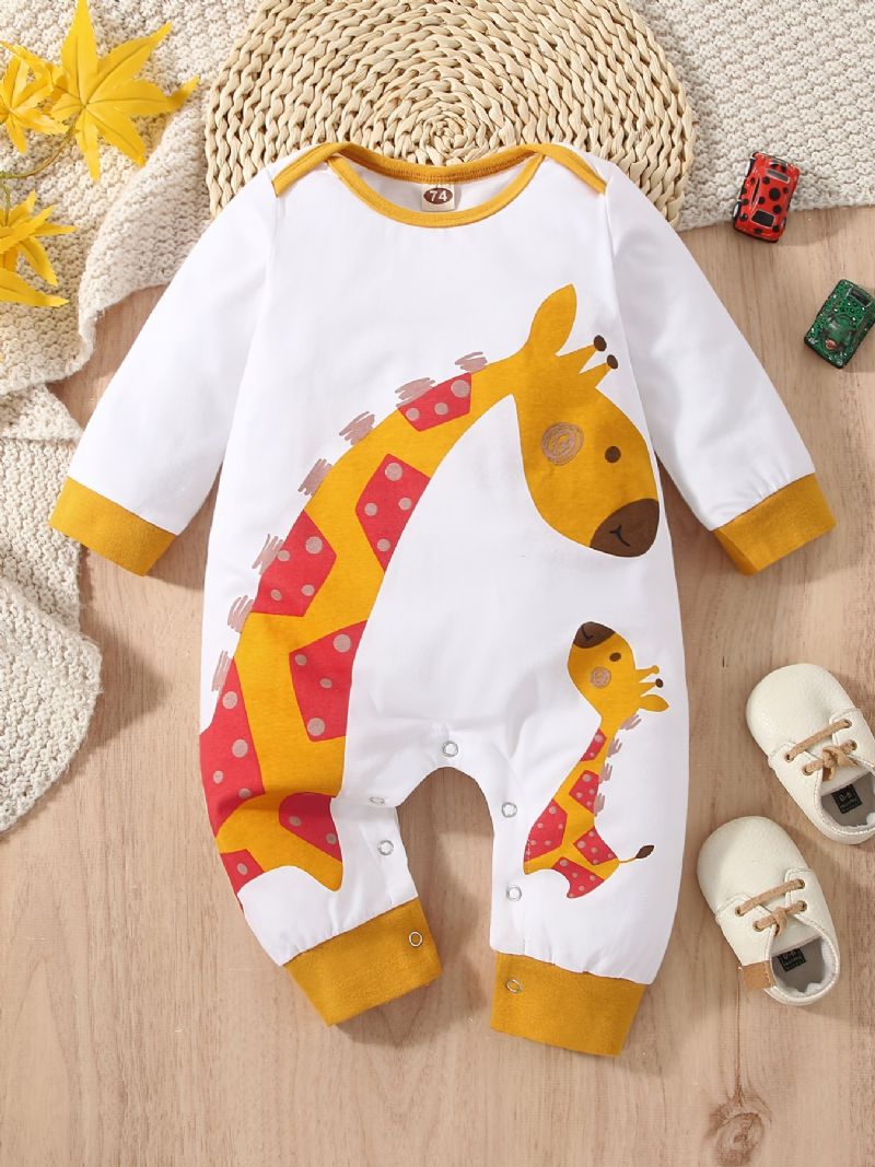 Bebis Flickor Söt Tecknad Giraff Print Romper Långärmad Crew Neck Jumpsuit För Vintern