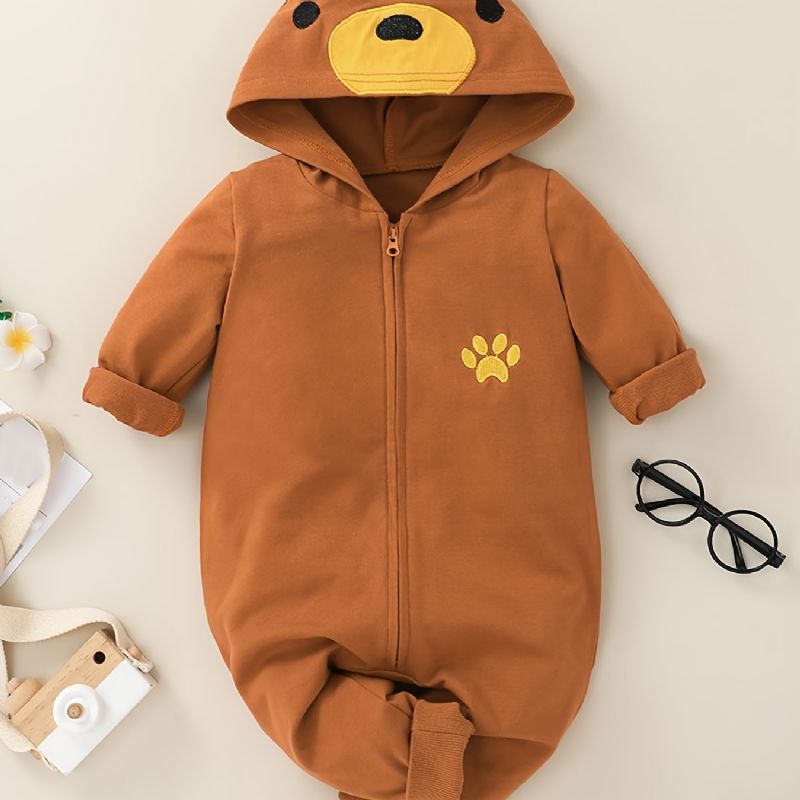 Bebis Flickor Söt Tecknad Långärmad Hooded Bear Ears Jumpsuit Kläder