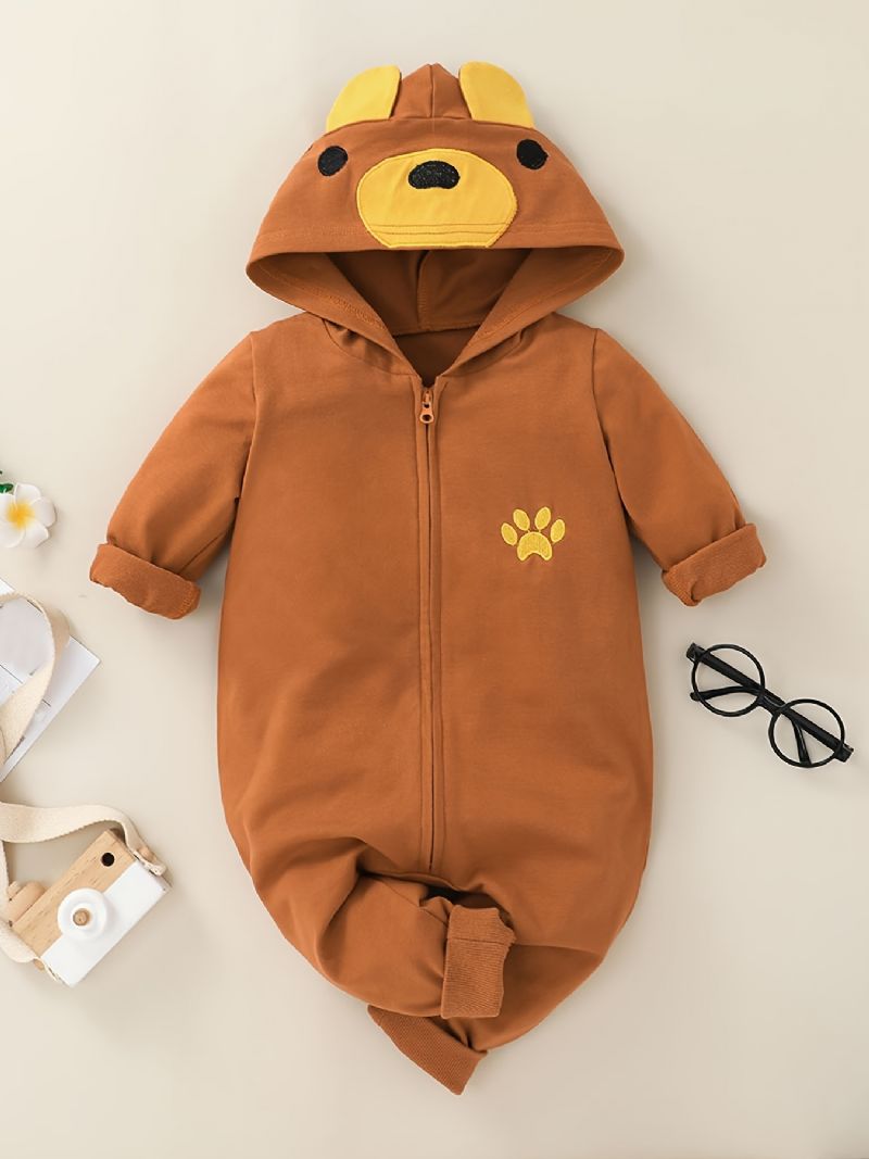 Bebis Flickor Söt Tecknad Långärmad Hooded Bear Ears Jumpsuit Kläder