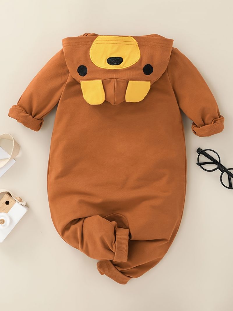 Bebis Flickor Söt Tecknad Långärmad Hooded Bear Ears Jumpsuit Kläder