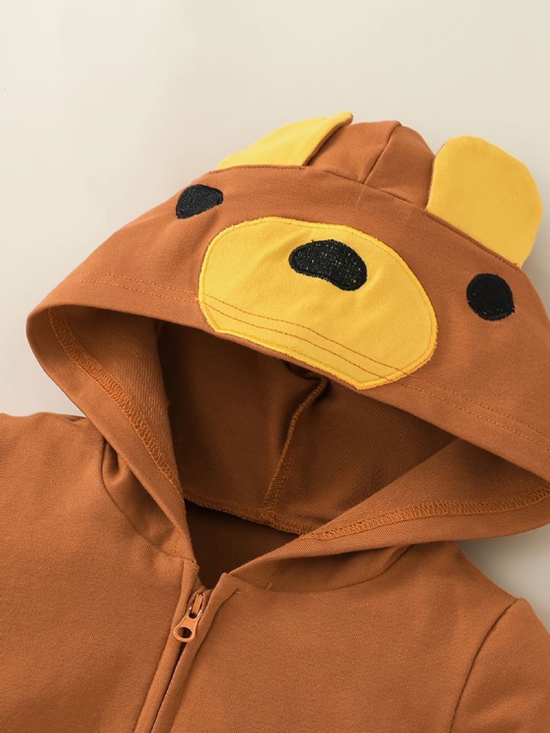 Bebis Flickor Söt Tecknad Långärmad Hooded Bear Ears Jumpsuit Kläder