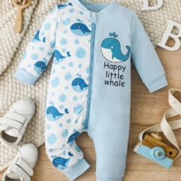 Bebis Flickor Söt Tecknad Whale Print Bomulls Jumpsuit Romper Med Dragkedja