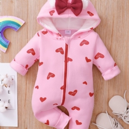 Bebis Flickor Sweet Heart Print Hood Long Sleeve Jumpsuit