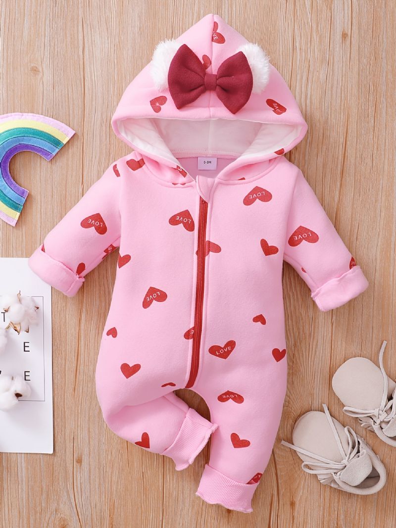 Bebis Flickor Sweet Heart Print Hood Long Sleeve Jumpsuit