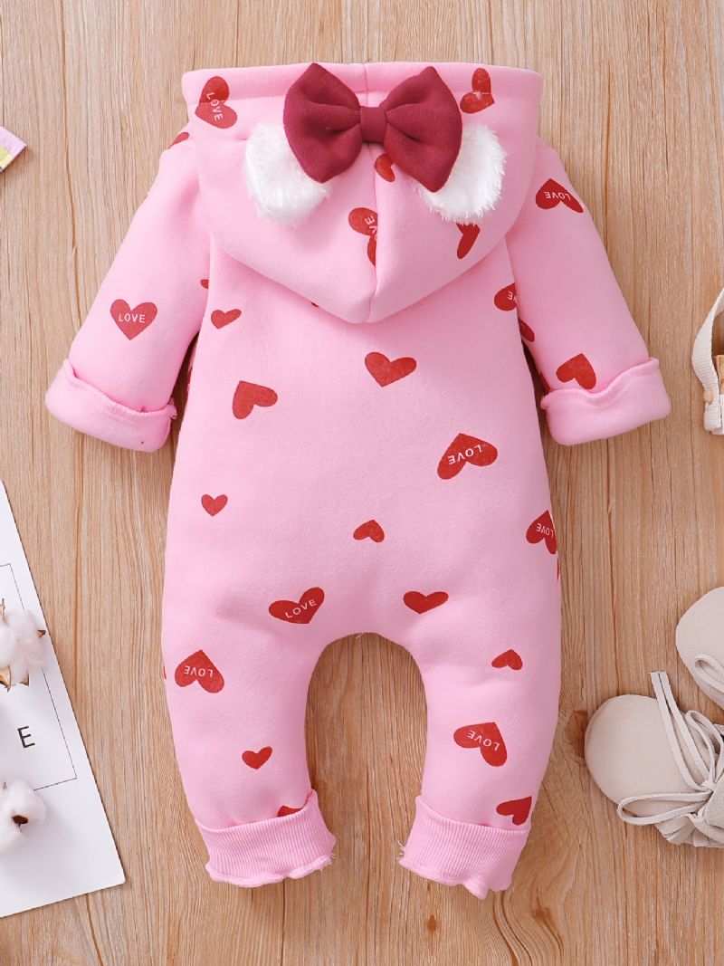 Bebis Flickor Sweet Heart Print Hood Long Sleeve Jumpsuit