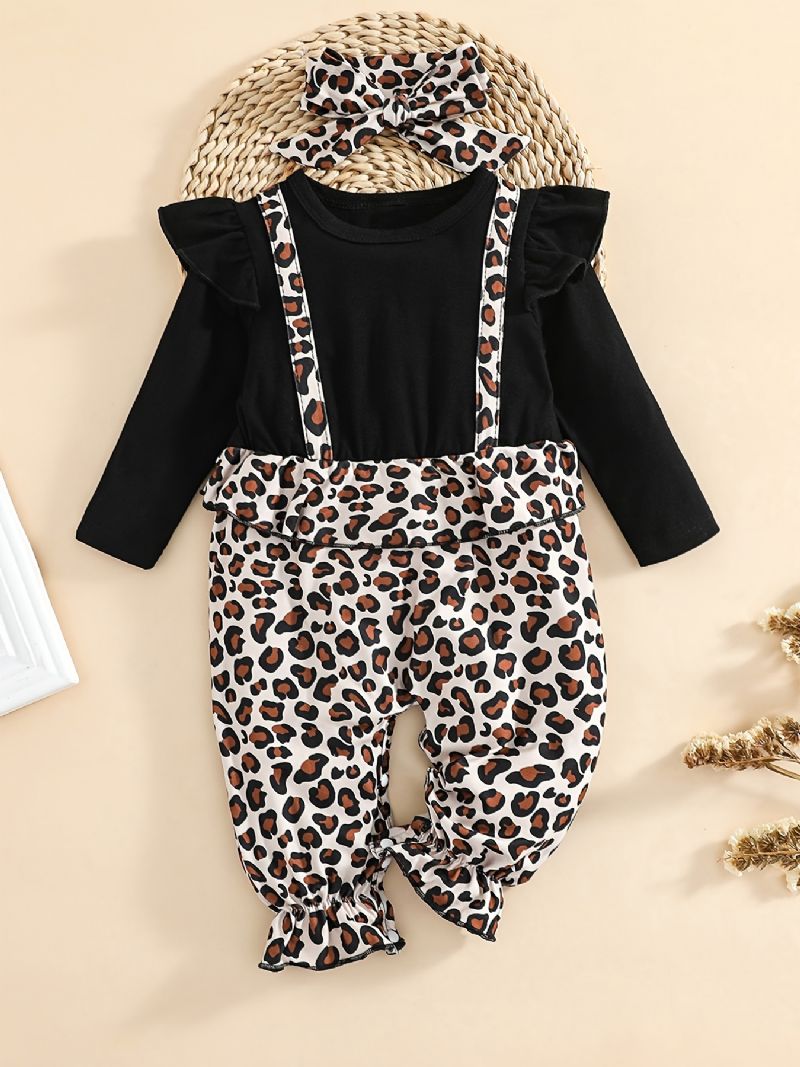 Bebis Flickor Volang Långärmad Patchwork Jumpsuit Med Leopardtryck Bebiskläder