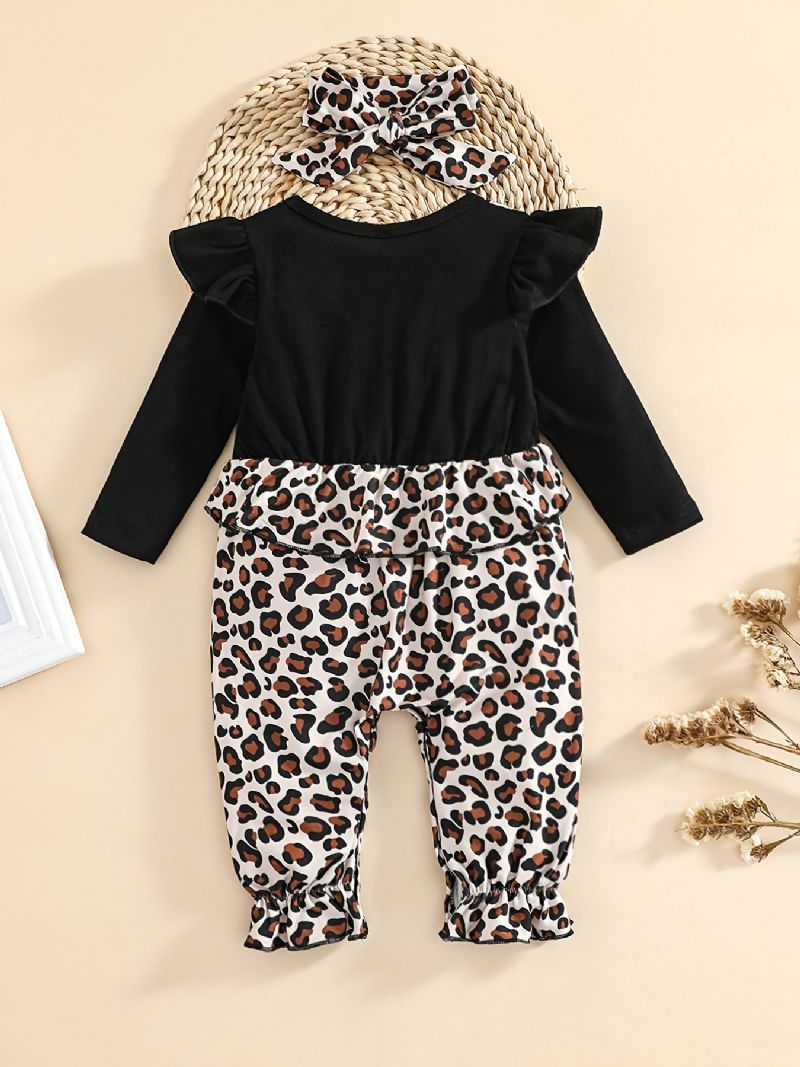 Bebis Flickor Volang Långärmad Patchwork Jumpsuit Med Leopardtryck Bebiskläder