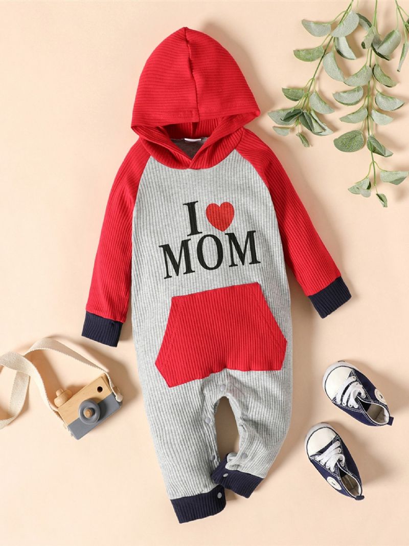 Bebis Hooded Romper Ribbad Brevtryck Långärmad Color Block Jumpsuit Flickor Pojkar Barn Kläder