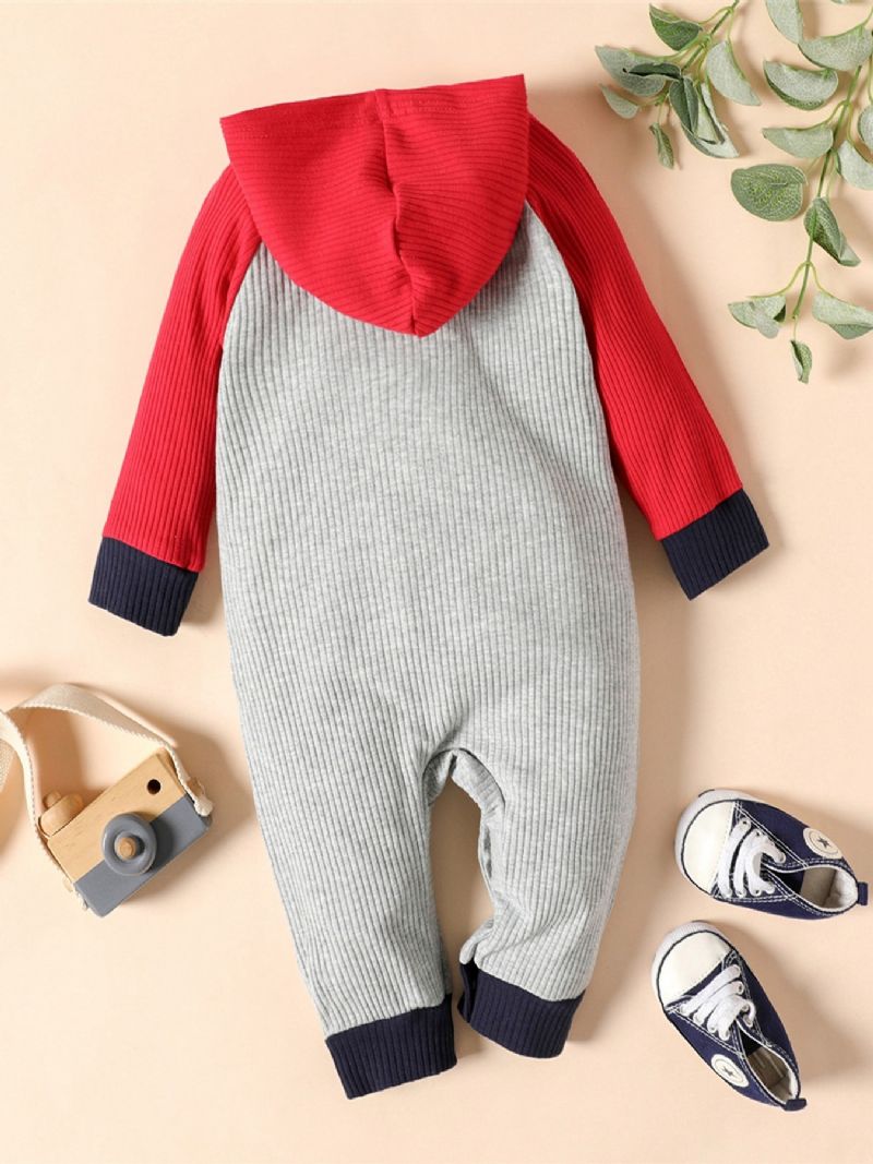 Bebis Hooded Romper Ribbad Brevtryck Långärmad Color Block Jumpsuit Flickor Pojkar Barn Kläder