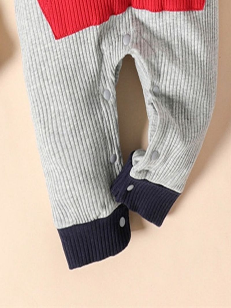 Bebis Hooded Romper Ribbad Brevtryck Långärmad Color Block Jumpsuit Flickor Pojkar Barn Kläder