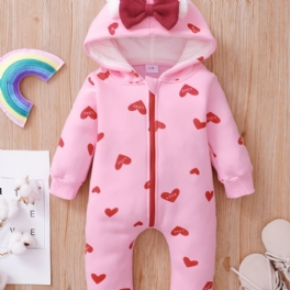 Bebis Jumpsuit Söt Hjärta Mönster Rosett Hooded Dragkedja För Vintern
