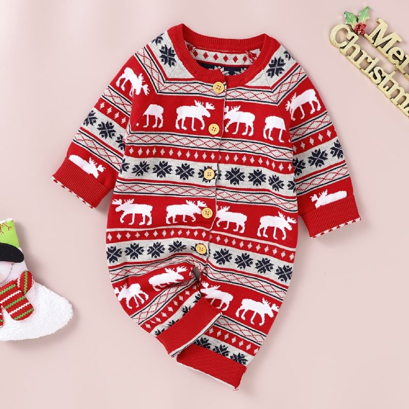 Bebis One Piece Sweater Långärmad Stickad Jumpsuit Romper Med Älgmönster För Vinter Julkläder
