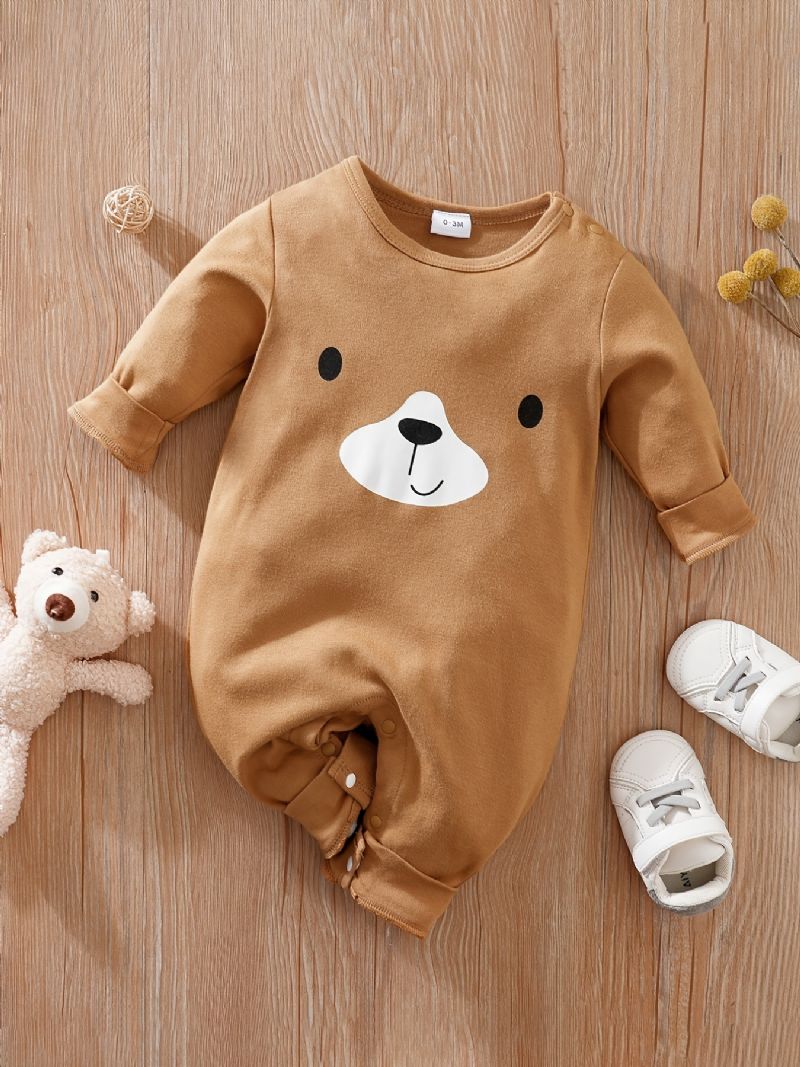 Bebis Romper Söt Björntryck Rundhalsad Långärmad Jumpsuit Flickor Pojkar Barnkläder