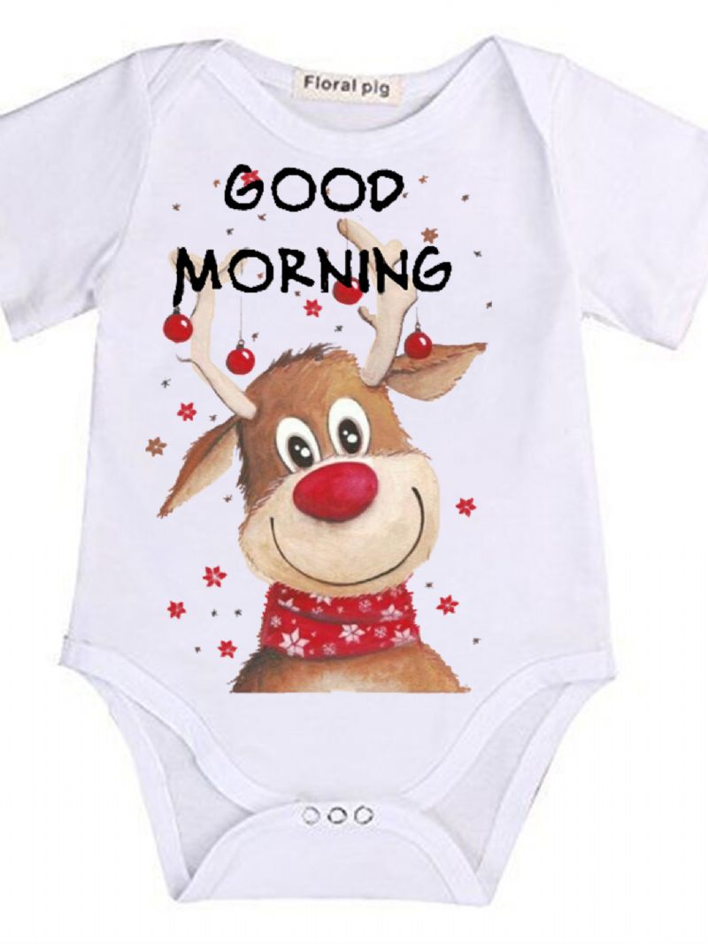Bebis Söt Casual Cartoon Älgtryck Romper Kortärmad Jumpsuit För Julfest Pojkar Flickor Barnkläder