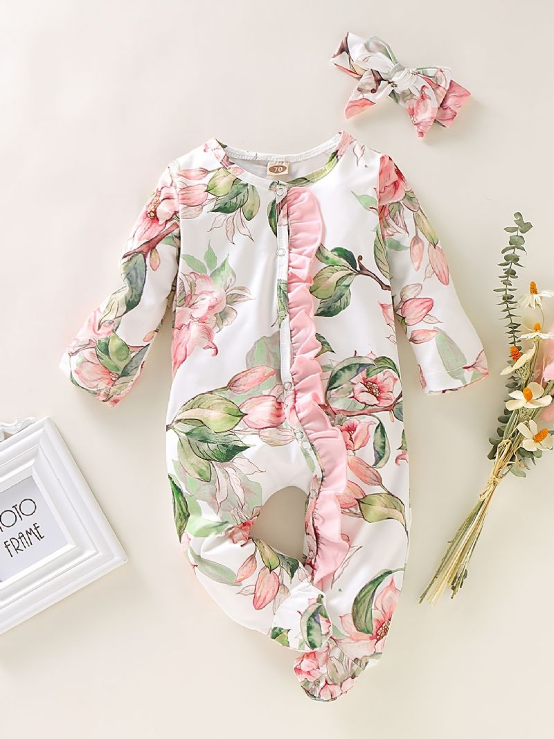 Blommönster För Flickor Långärmad Jumpsuit Med Volangdesign + Pannband Bebiskläder