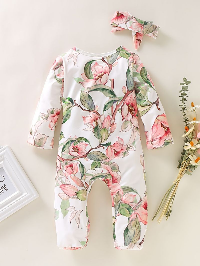 Blommönster För Flickor Långärmad Jumpsuit Med Volangdesign + Pannband Bebiskläder