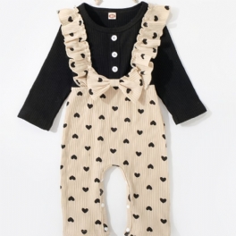 Flickor Pit Strip Fake Tvådelad Love Print Långärmad Romper Jumpsuit+pannband 2st Set Höst Vinter