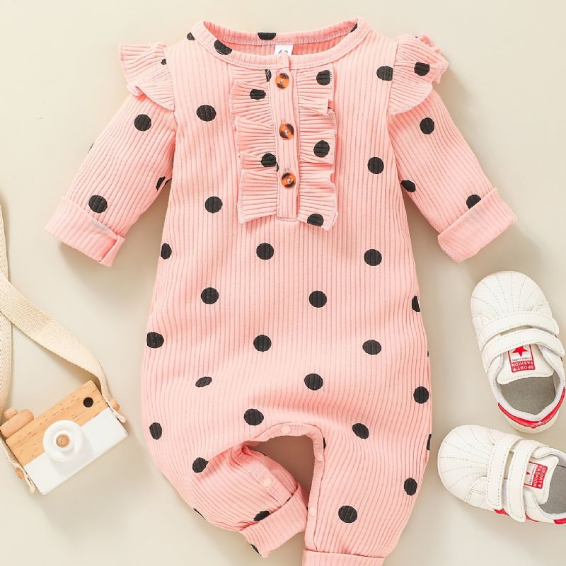 Flickor Polka Dot Ruffle Shoulder Långärmad Romper Jumpsuit Bebiskläder