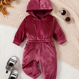 Flickor Rosa Sammet Långärmad Hooded Midja Byxor Jumpsuit