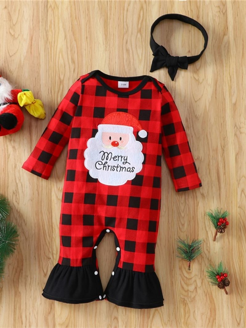 Jul Prisnedskärningar Bebis Flickor Pläd Jultomte Print Långärmad Jumpsuit Casual Fleece För Vintern