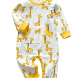 Nyfödd Barnbyxa Tecknad Girafftryck Långärmad Jumpsuit Med Rund Hals För Pojkar Flickor Barnkläder