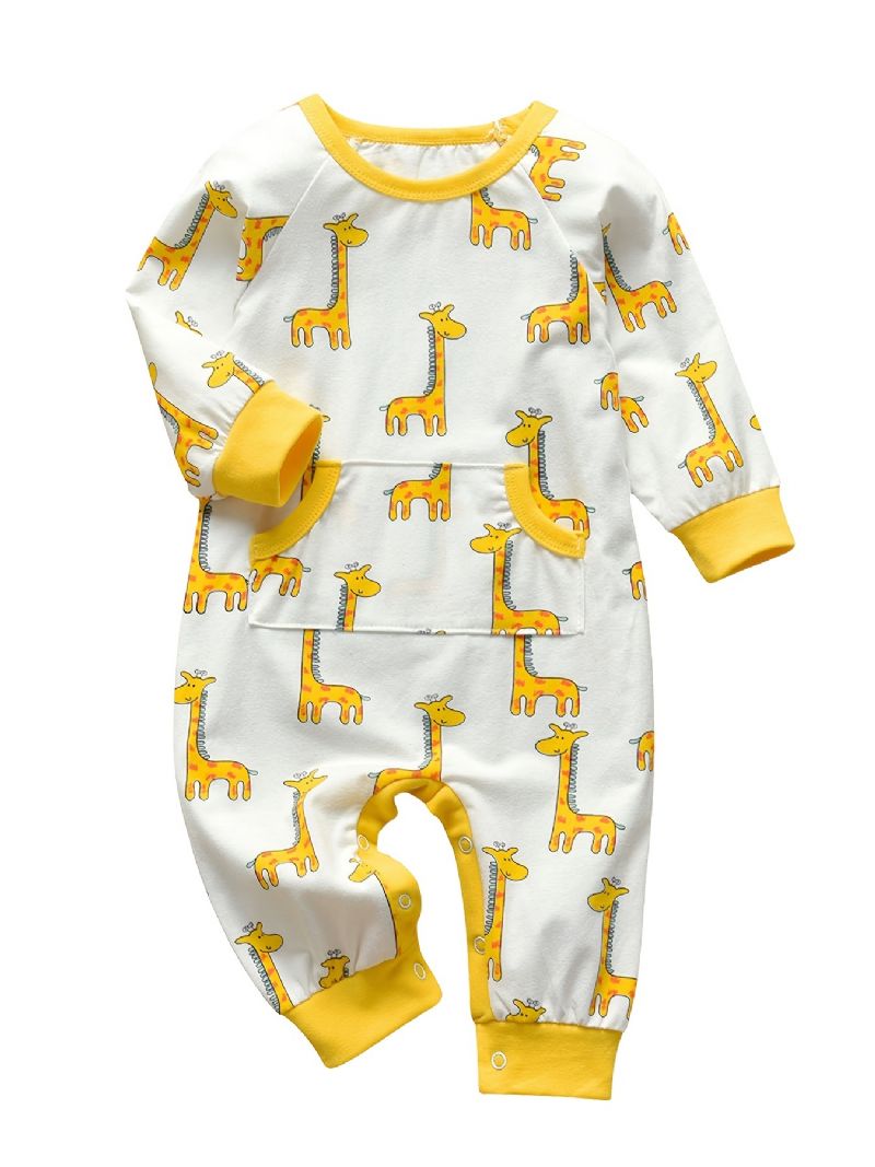 Nyfödd Barnbyxa Tecknad Girafftryck Långärmad Jumpsuit Med Rund Hals För Pojkar Flickor Barnkläder