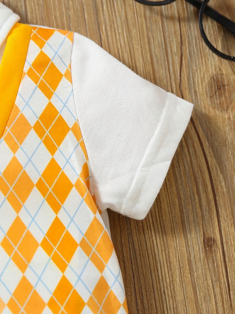 Nyfödd Spädbarn Argyle Mönster Splicing Romper Kortärmad Fluga Jumpsuit För Småbarn Bebis Pojkar Flickor Barnkläder