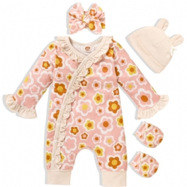 Nyfödd Spädbarn Romper Blommor Tryck Långärmad Volanger Jumpsuit & Pannband & Hatt & Handskar Set Bebis Flickor Kläder