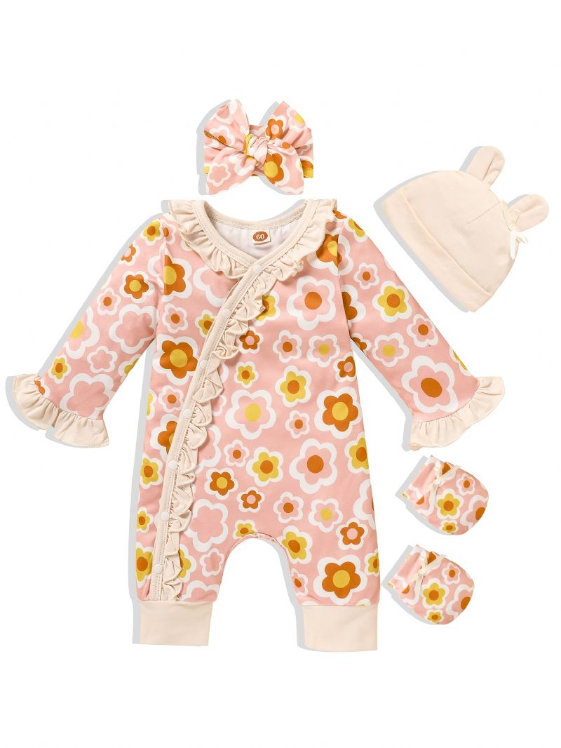 Nyfödd Spädbarn Romper Blommor Tryck Långärmad Volanger Jumpsuit & Pannband & Hatt & Handskar Set Bebis Flickor Kläder