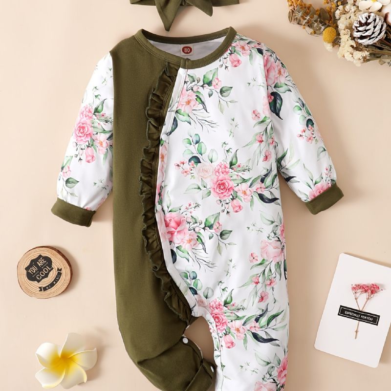 Nyfödd Spädbarn Volanger Romper Skarvning Långärmad Rundhalsad Blommönster Jumpsuit & Pannband För Bebis Flickor Barn Kläder