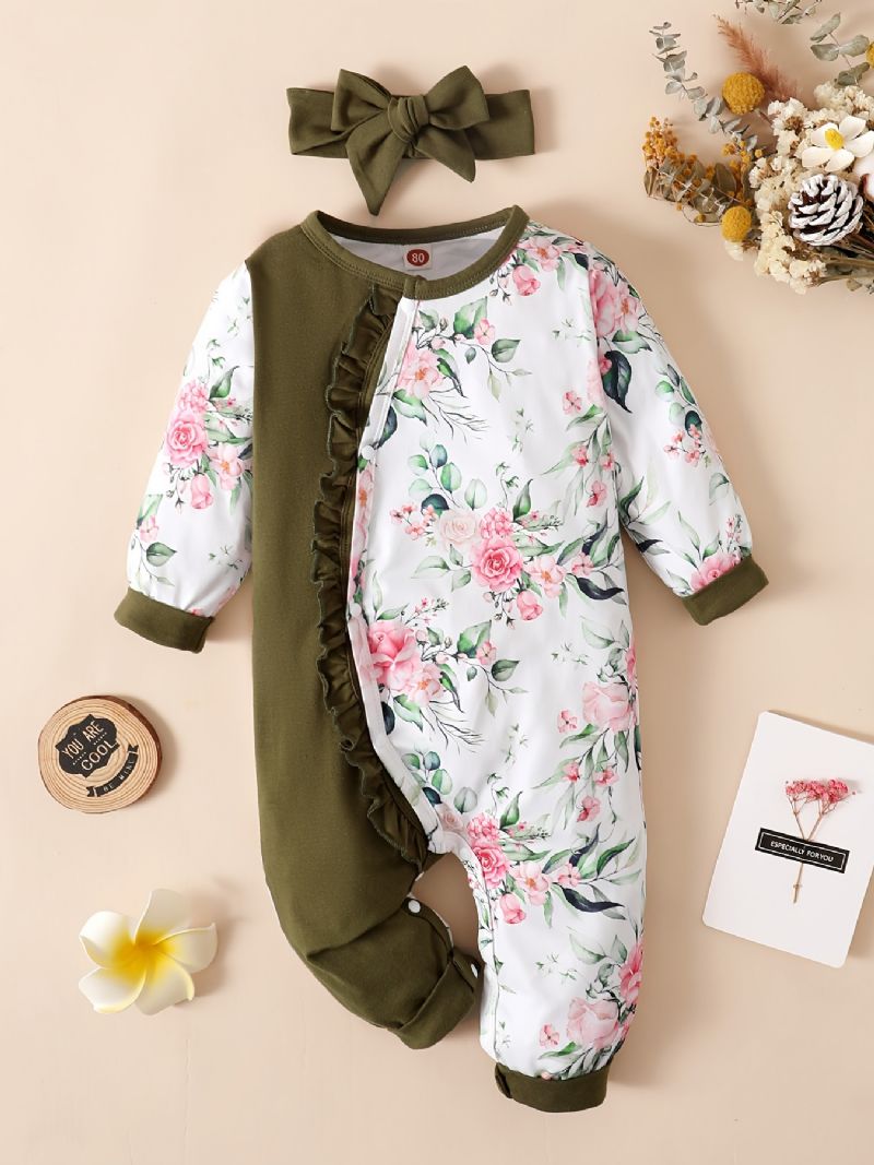 Nyfödd Spädbarn Volanger Romper Skarvning Långärmad Rundhalsad Blommönster Jumpsuit & Pannband För Bebis Flickor Barn Kläder