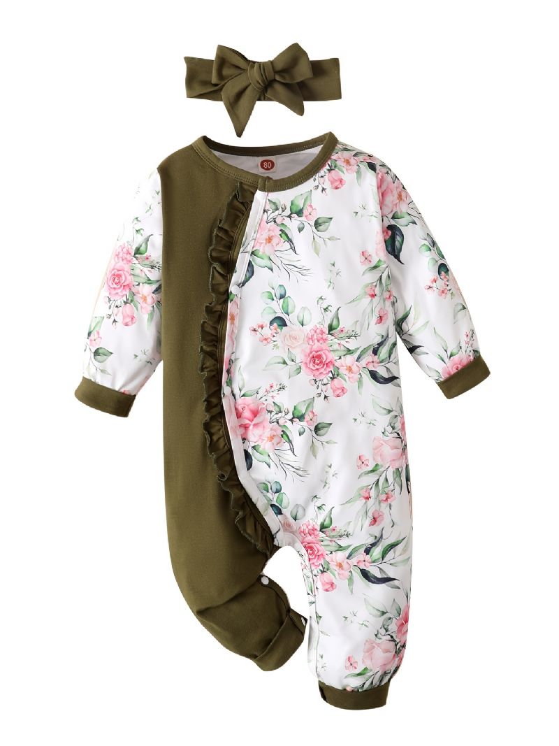 Nyfödd Spädbarn Volanger Romper Skarvning Långärmad Rundhalsad Blommönster Jumpsuit & Pannband För Bebis Flickor Barn Kläder