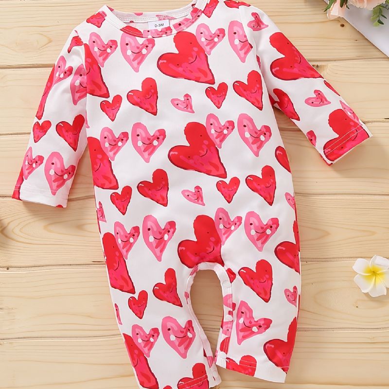 Nyfödda Flickor Långärmade Hjärtamönster Jumpsuit Romper Bebiskläder