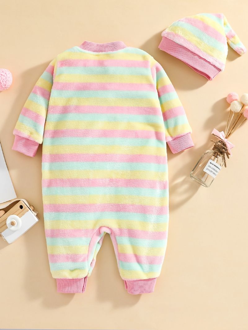 Nyfödda Spädbarn Regnbågsrandiga Plyschbyxor Långärmad Jumpsuit & Hatt För Pojkar Flickor Barnkläder